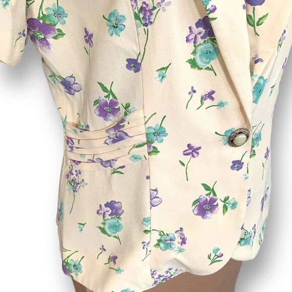 Vintage Blazer Pastel Butter Yellow Floral Detail Short Sleeve Structured Jacket - Picture 7 of 12